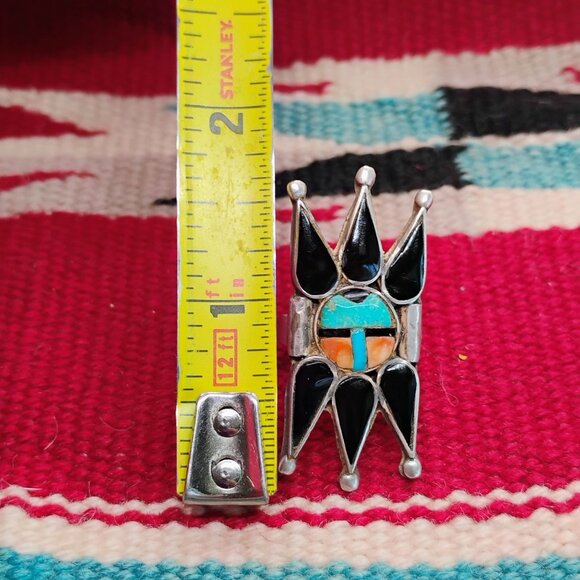 VTG Zuni Inlay Sun Face Ring Spiky Black Onyx Turquoise Coral Size 7 - Picture 4 of 7